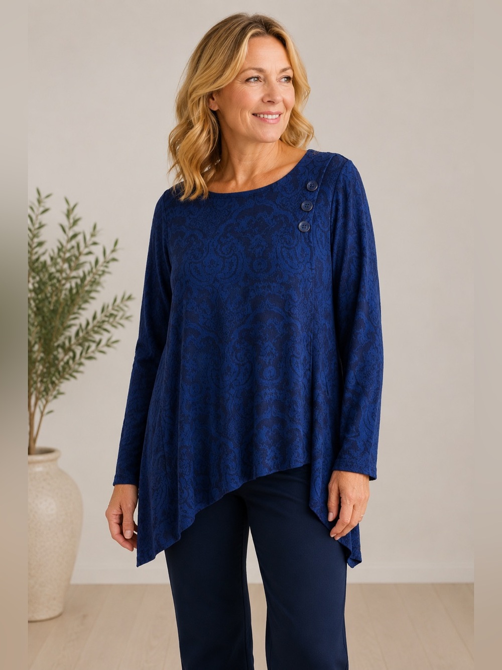 Habitat Blue Navy Blouse Abstract Damask Jacquard‎ Asymmetric Hem Top Boho Artsy